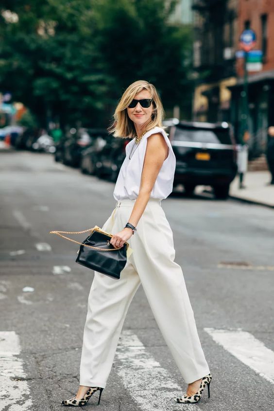 White Wide-leg Pants and Leopard Print Heels